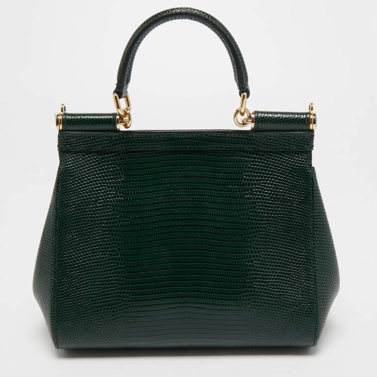 Pre Owned Dolce & Gabbana Dark Green Lizard Embossed Leather Small Miss Sicily Top Handle Bag