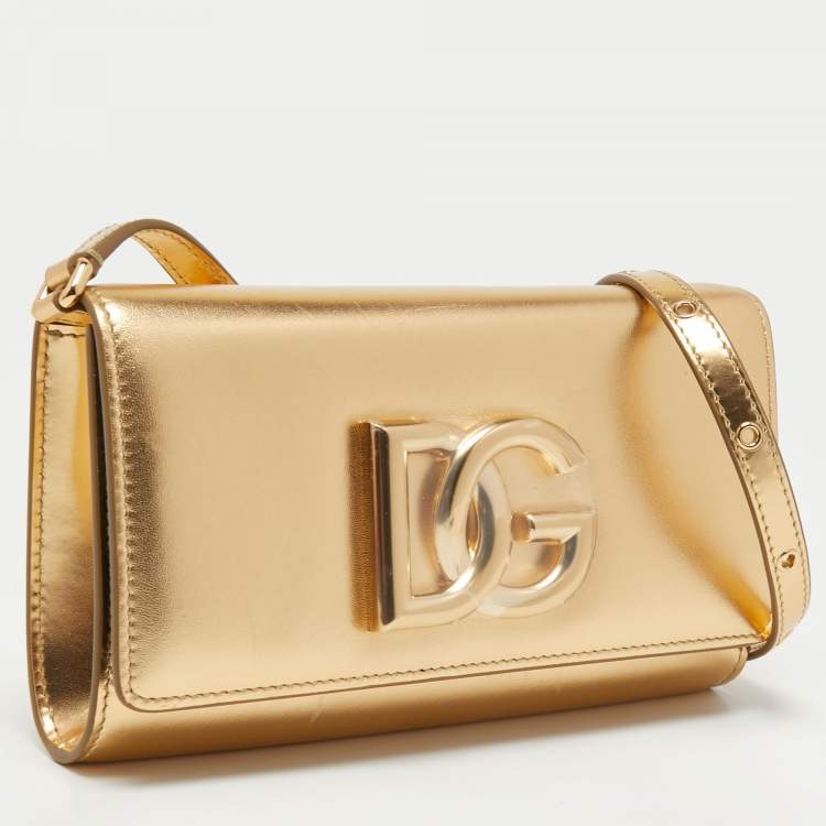 Pre Owned Dolce & Gabbana Gold Leather DG Logo Crossbody Bag