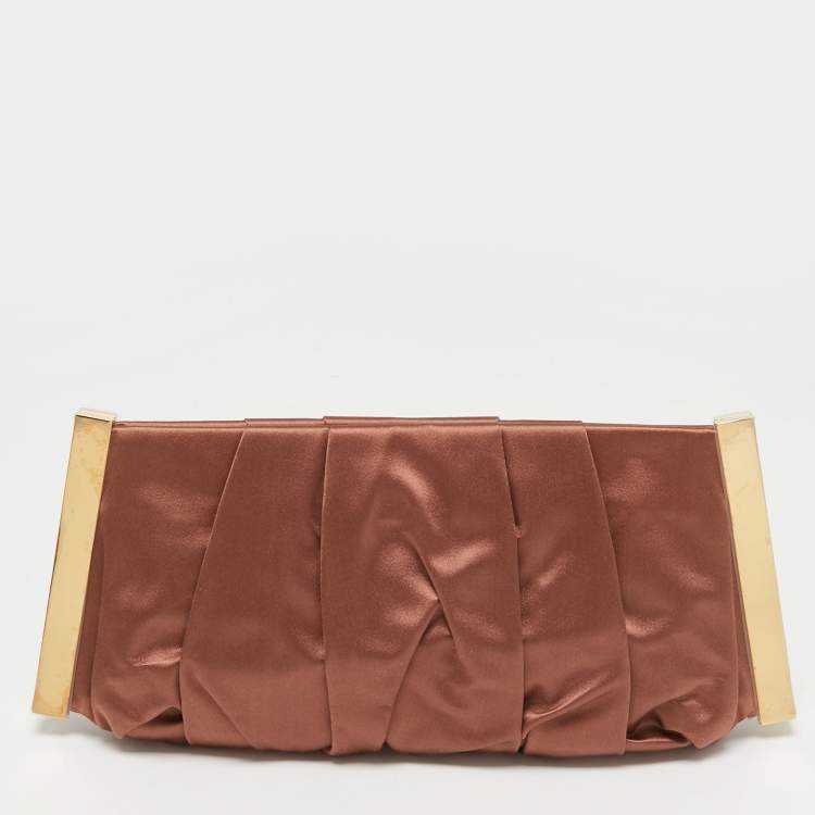 Pre Owned Dolce & Gabbana Brown Pleated Satin Miss Lady Frame Clutch