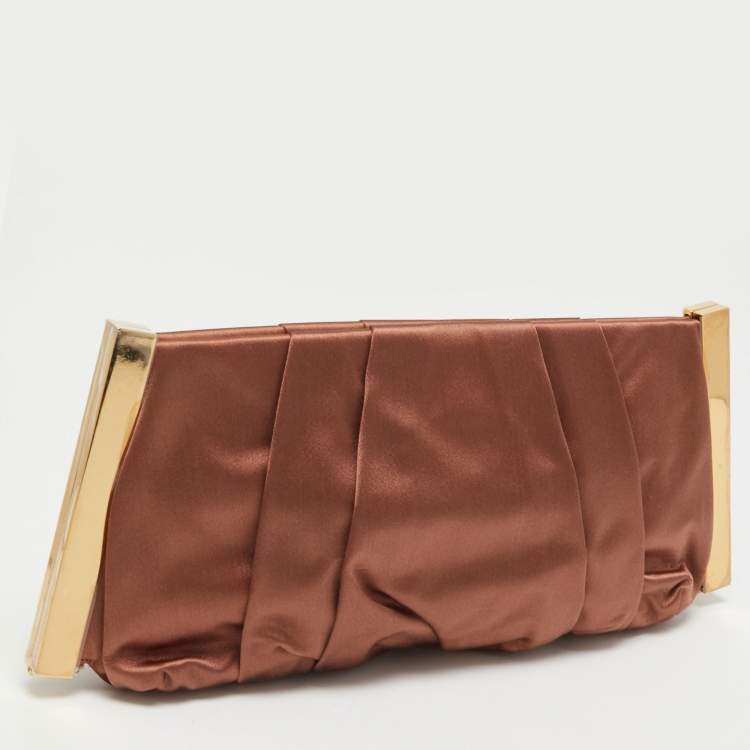 Pre Owned Dolce & Gabbana Brown Pleated Satin Miss Lady Frame Clutch