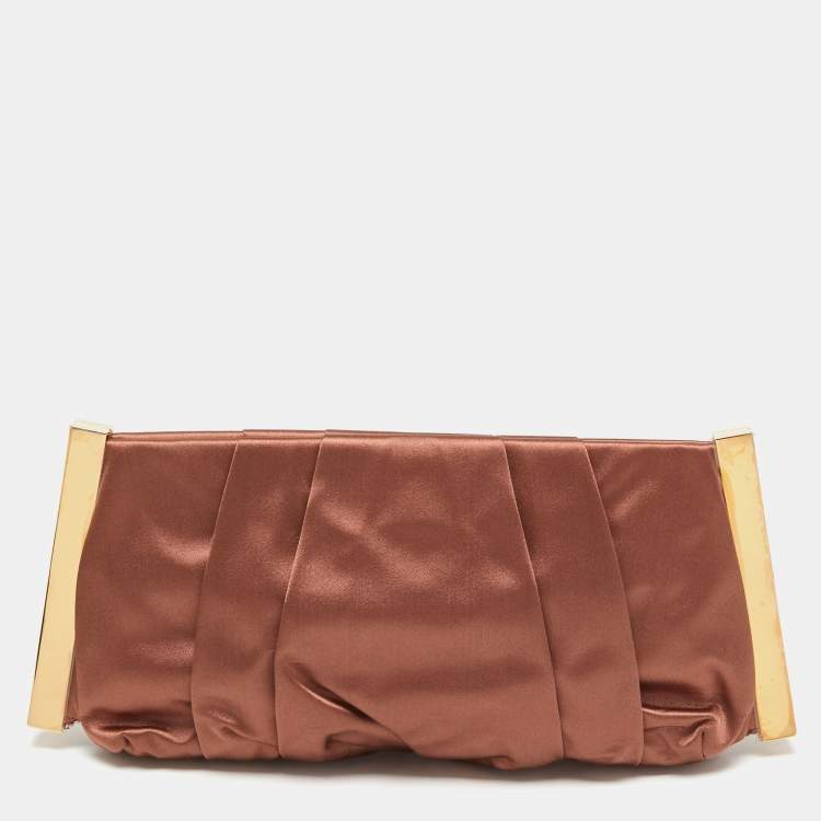 Pre Owned Dolce & Gabbana Brown Pleated Satin Miss Lady Frame Clutch