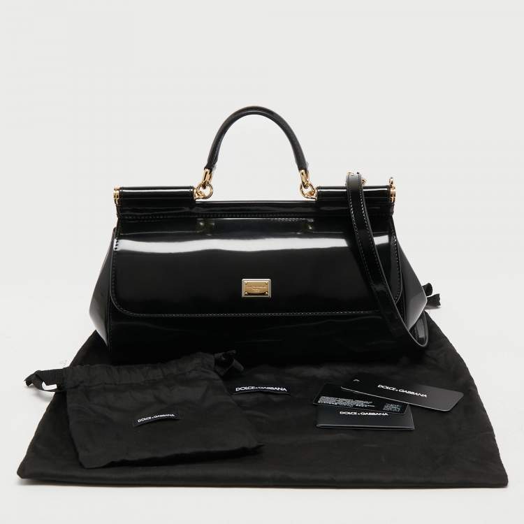 Pre Owned Dolce & Gabbana Black Patent Leather Long Medium Miss Sicily Top Handle Bag