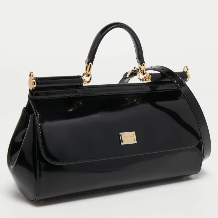 Pre Owned Dolce & Gabbana Black Patent Leather Long Medium Miss Sicily Top Handle Bag