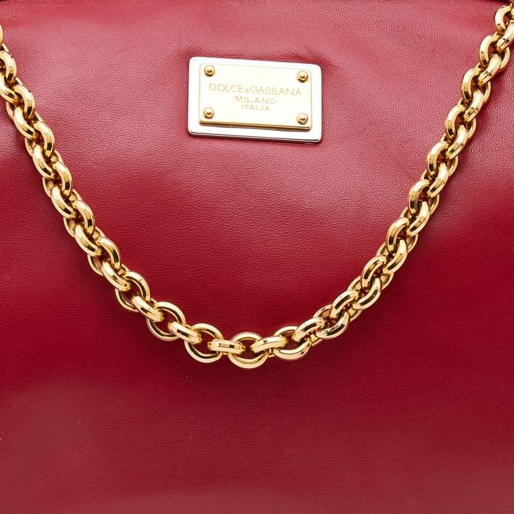 Pre Owned Dolce & Gabbana Red Leather Kiss Lock Chain Clutch