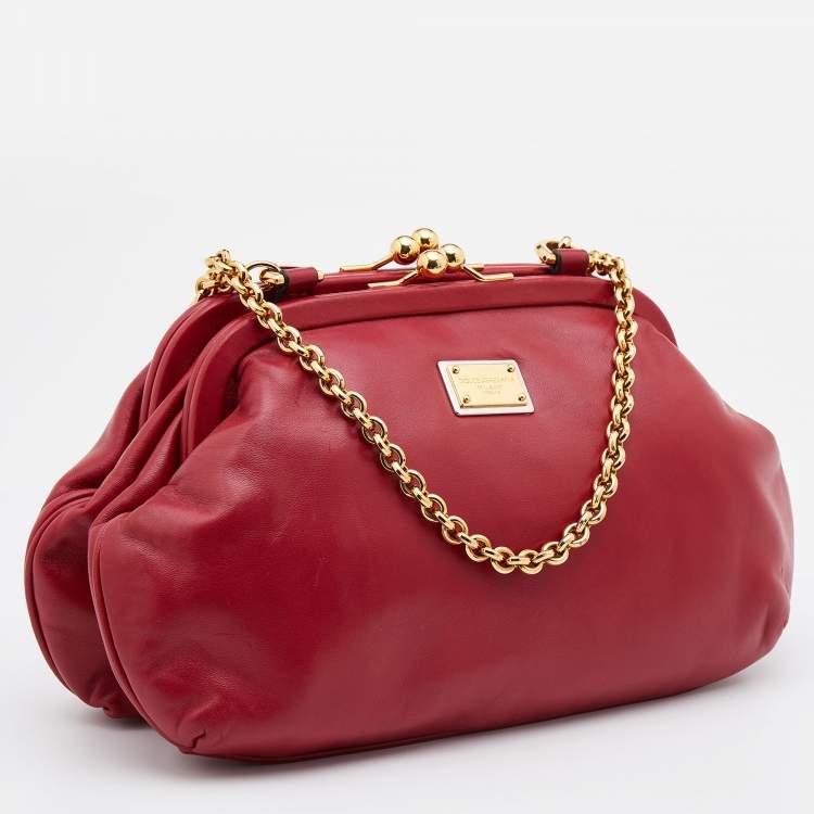 Pre Owned Dolce & Gabbana Red Leather Kiss Lock Chain Clutch