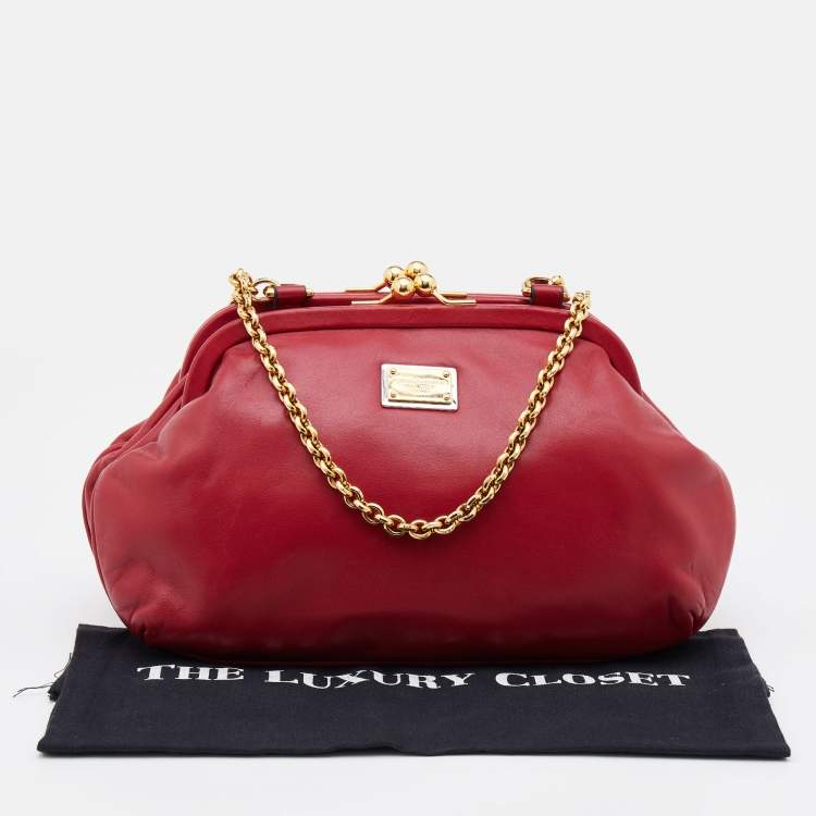 Pre Owned Dolce & Gabbana Red Leather Kiss Lock Chain Clutch