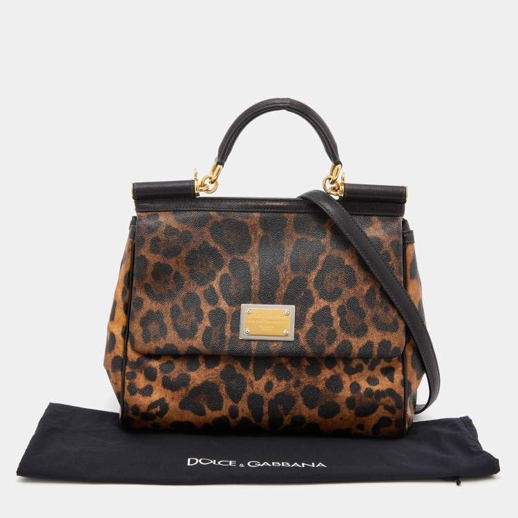 Pre Owned Dolce & Gabbana Brown/Black Leopard Print Coated Canvas and Leather Large Miss Sicily Top Handle Bag