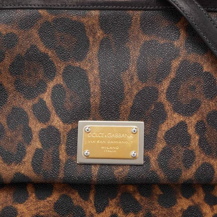 Pre Owned Dolce & Gabbana Brown/Black Leopard Print Coated Canvas and Leather Large Miss Sicily Top Handle Bag