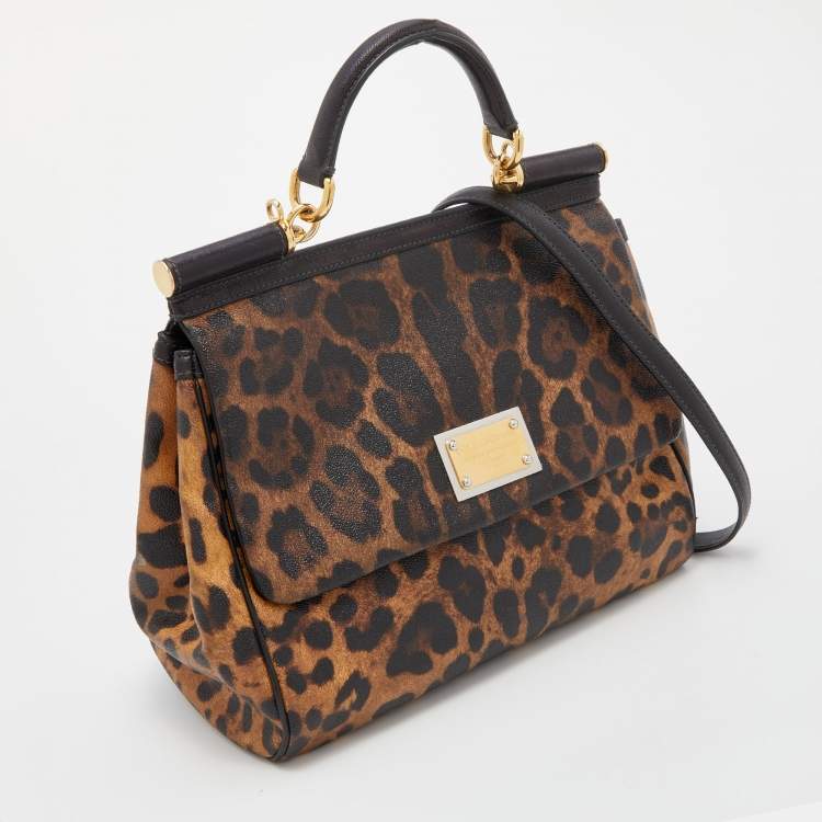 Pre Owned Dolce & Gabbana Brown/Black Leopard Print Coated Canvas and Leather Large Miss Sicily Top Handle Bag