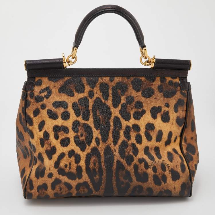 Pre Owned Dolce & Gabbana Brown/Black Leopard Print Coated Canvas and Leather Large Miss Sicily Top Handle Bag