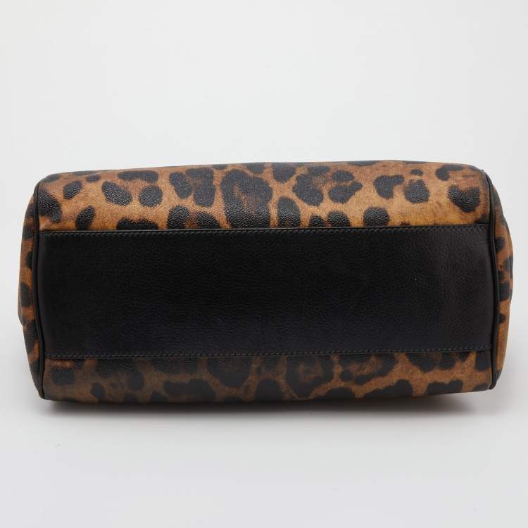 Pre Owned Dolce & Gabbana Brown/Black Leopard Print Coated Canvas and Leather Large Miss Sicily Top Handle Bag