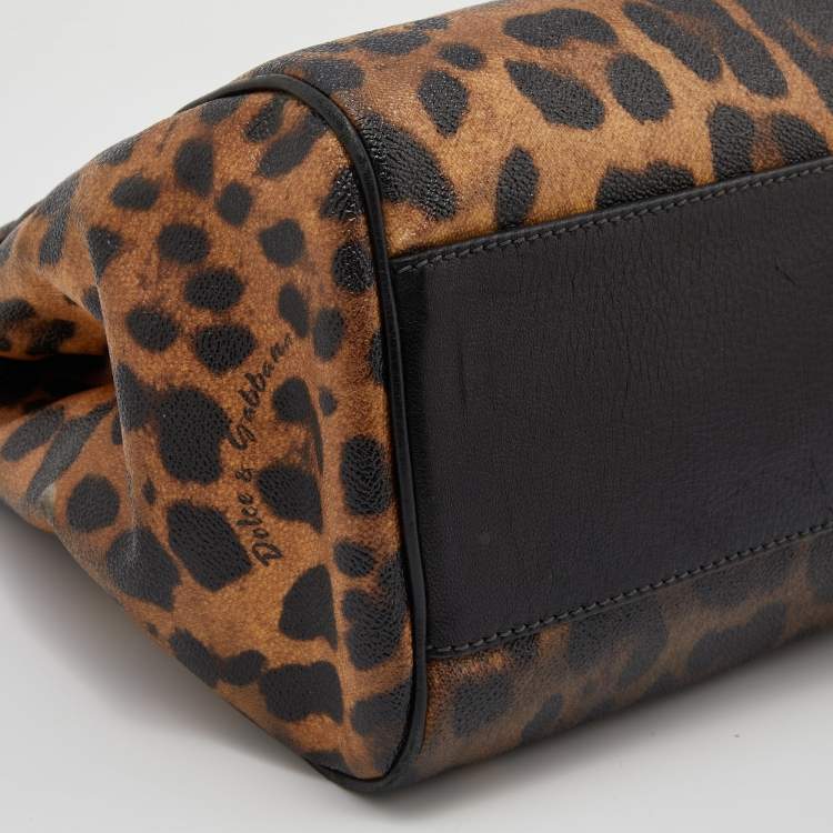 Pre Owned Dolce & Gabbana Brown/Black Leopard Print Coated Canvas and Leather Large Miss Sicily Top Handle Bag
