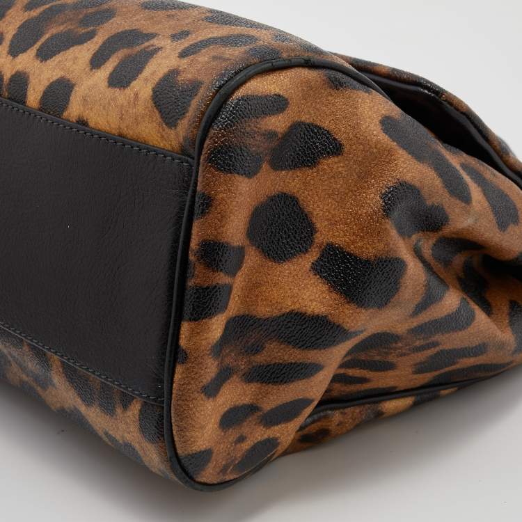 Pre Owned Dolce & Gabbana Brown/Black Leopard Print Coated Canvas and Leather Large Miss Sicily Top Handle Bag