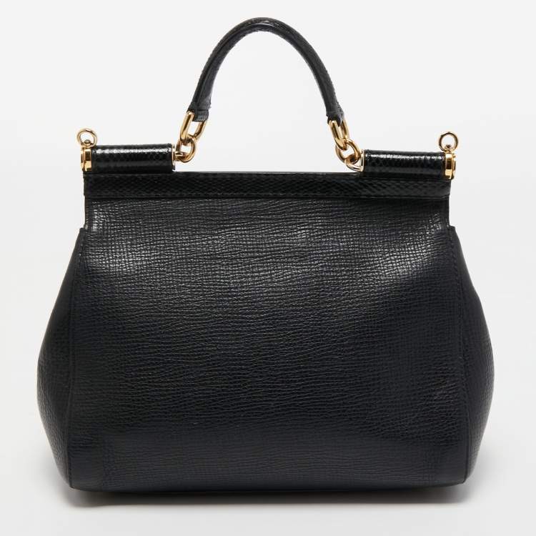Pre Owned Dolce & Gabbana Black Leather and Watersnake Medium Miss Sicily Top Handle Bag