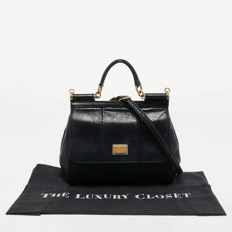 Pre Owned Dolce & Gabbana Black Leather and Watersnake Medium Miss Sicily Top Handle Bag