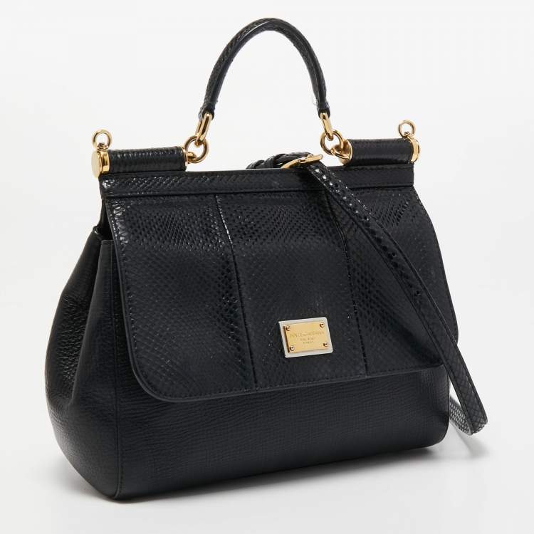 Pre Owned Dolce & Gabbana Black Leather and Watersnake Medium Miss Sicily Top Handle Bag