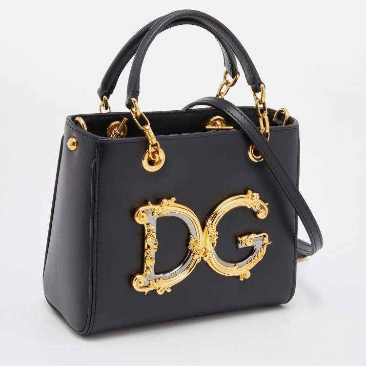 Pre Owned Dolce & Gabbana Black Leather Small DG Girls Tote