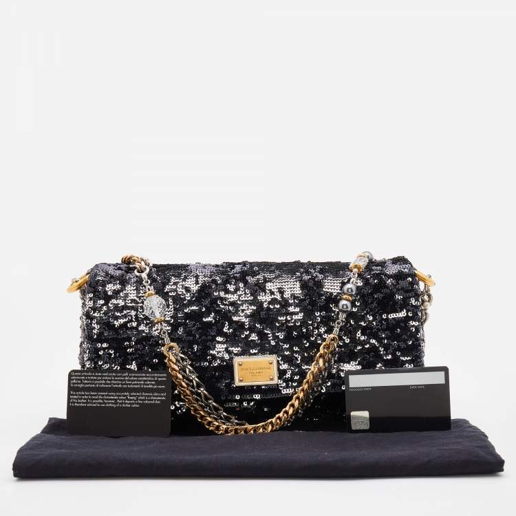 Pre Owned Dolce & Gabbana Black/Silver Sequins Miss Charles Flap Shoulder Bag