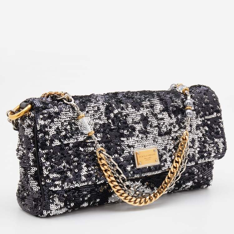 Pre Owned Dolce & Gabbana Black/Silver Sequins Miss Charles Flap Shoulder Bag