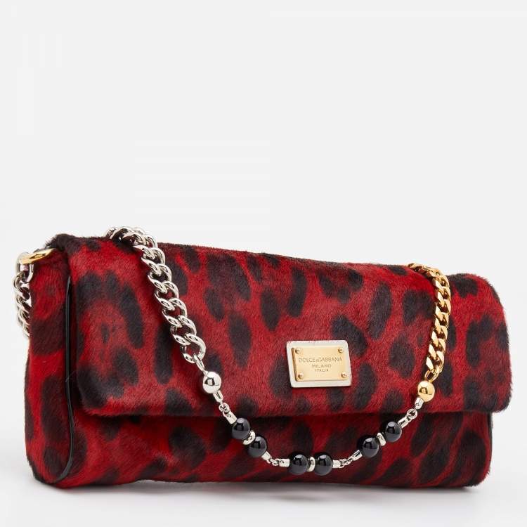 Pre Owned Dolce & Gabbana Red/Black Calf Hair Miss Charles Flap Shoulder Bag