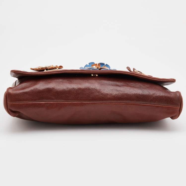 Pre Owned Dolce & Gabbana Brown Leather Studded Flower Flap Shoulder Bag