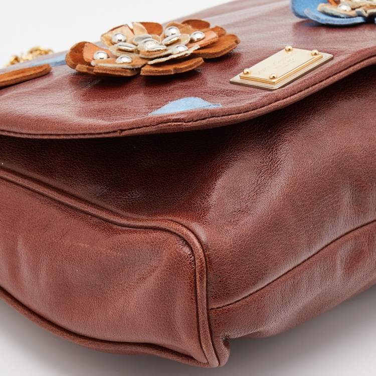 Pre Owned Dolce & Gabbana Brown Leather Studded Flower Flap Shoulder Bag