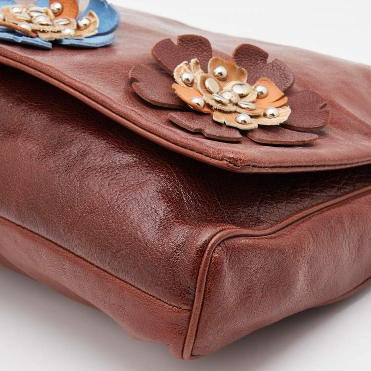 Pre Owned Dolce & Gabbana Brown Leather Studded Flower Flap Shoulder Bag