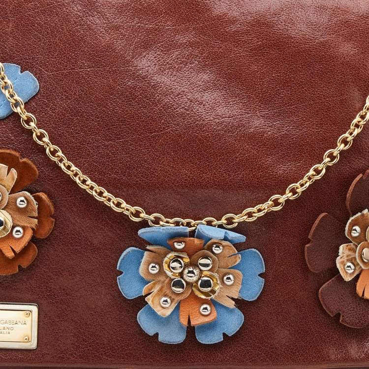 Pre Owned Dolce & Gabbana Brown Leather Studded Flower Flap Shoulder Bag