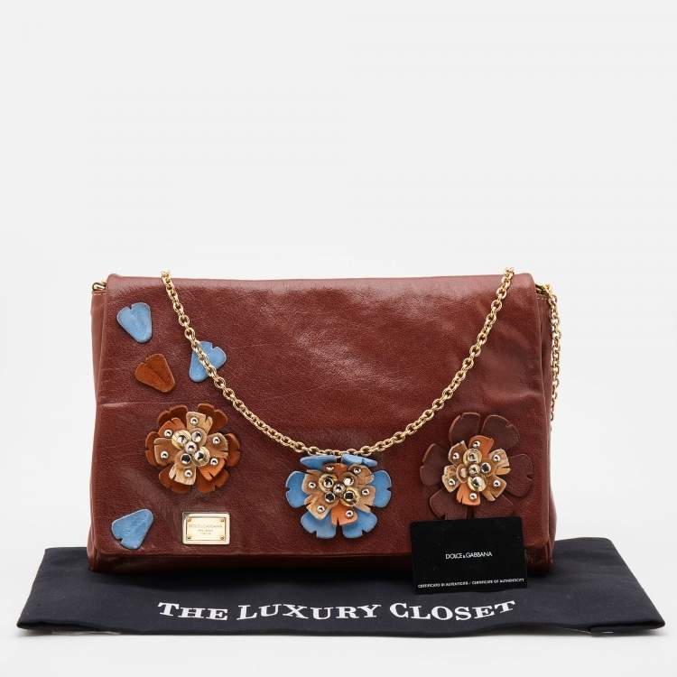 Pre Owned Dolce & Gabbana Brown Leather Studded Flower Flap Shoulder Bag