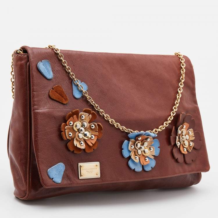 Pre Owned Dolce & Gabbana Brown Leather Studded Flower Flap Shoulder Bag