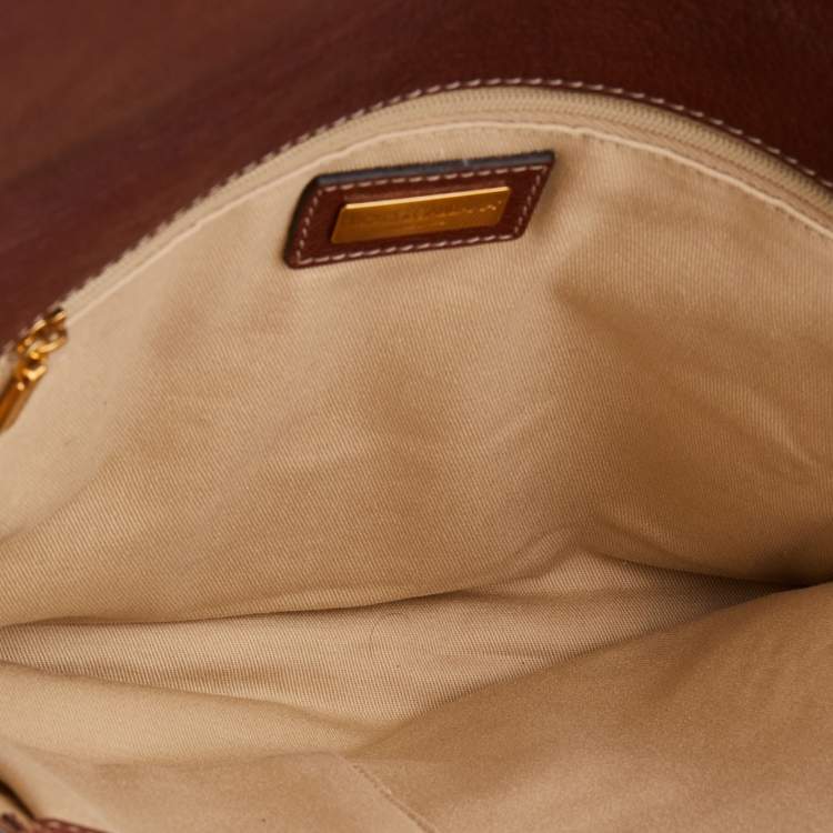 Pre Owned Dolce & Gabbana Brown Leather Studded Flower Flap Shoulder Bag