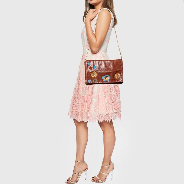 Pre Owned Dolce & Gabbana Brown Leather Studded Flower Flap Shoulder Bag