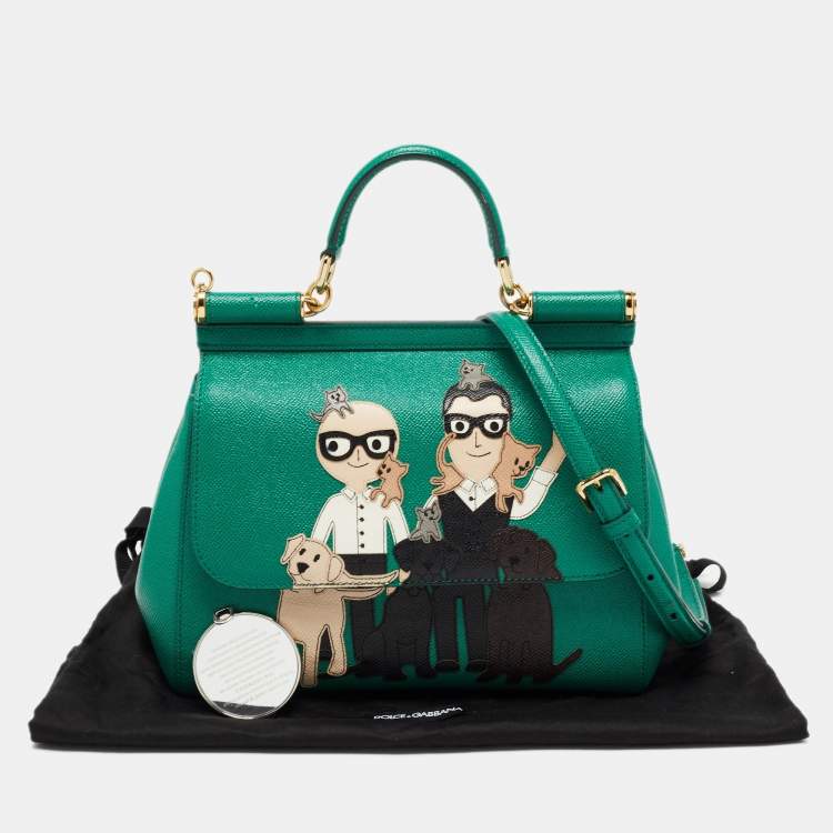 Pre Owned Dolce & Gabbana Green Leather Medium Miss Sicily Family Patchwork Top Handle Bag