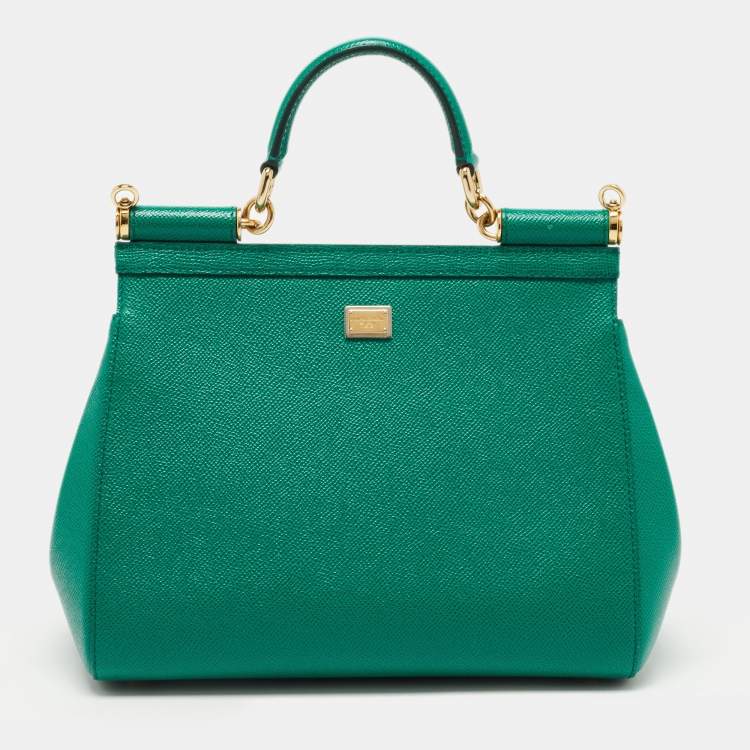 Pre Owned Dolce & Gabbana Green Leather Medium Miss Sicily Family Patchwork Top Handle Bag