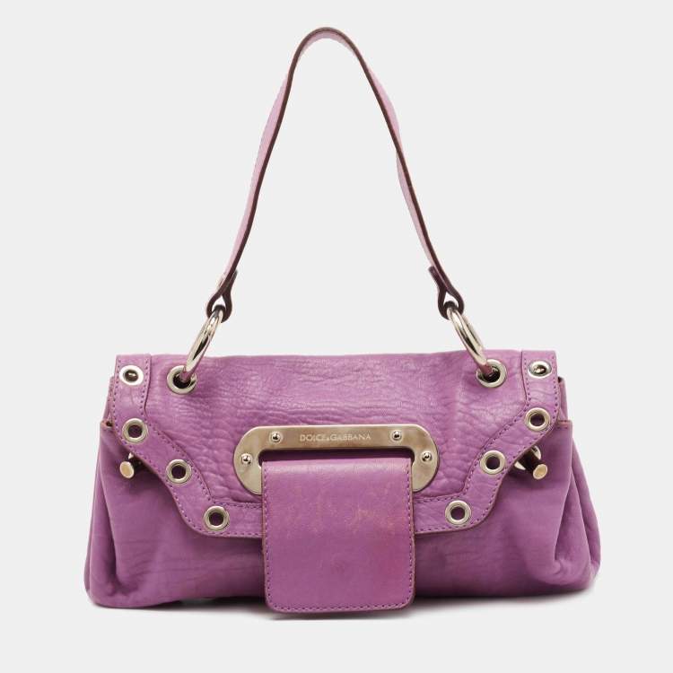 Pre Owned Dolce & Gabbana Purple Leather Grommet Flap Top Handle Bag