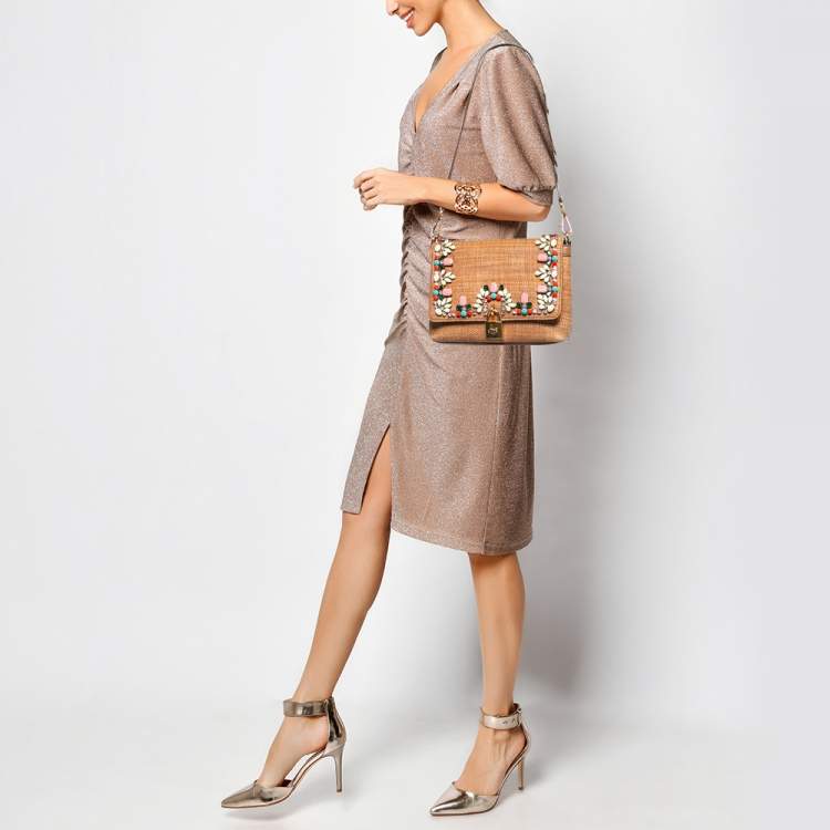 Pre Owned Dolce & Gabbana Brown Raffia and Leather Padlock Crystals Embellished Shoulder Bag