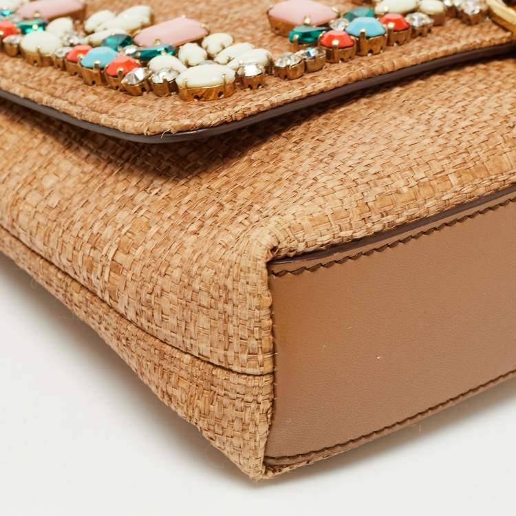 Pre Owned Dolce & Gabbana Brown Raffia and Leather Padlock Crystals Embellished Shoulder Bag