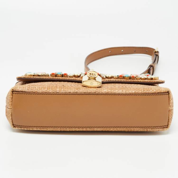 Pre Owned Dolce & Gabbana Brown Raffia and Leather Padlock Crystals Embellished Shoulder Bag