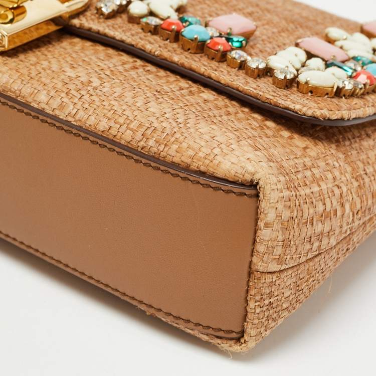 Pre Owned Dolce & Gabbana Brown Raffia and Leather Padlock Crystals Embellished Shoulder Bag