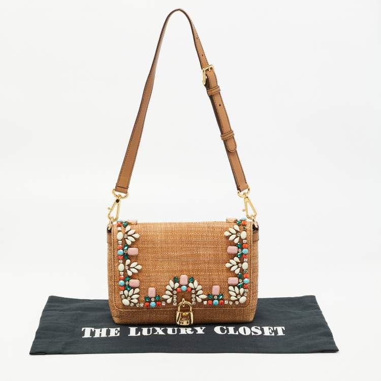 Pre Owned Dolce & Gabbana Brown Raffia and Leather Padlock Crystals Embellished Shoulder Bag