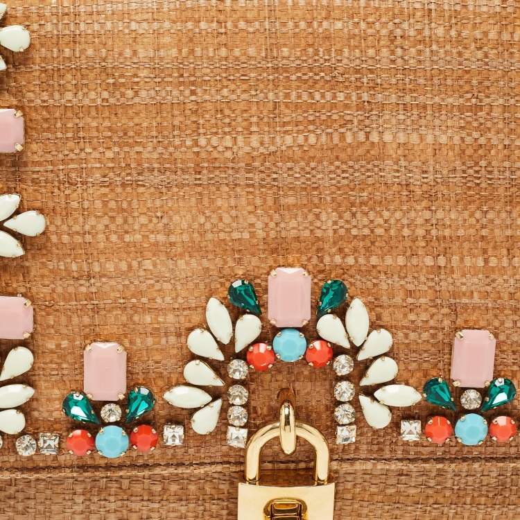 Pre Owned Dolce & Gabbana Brown Raffia and Leather Padlock Crystals Embellished Shoulder Bag