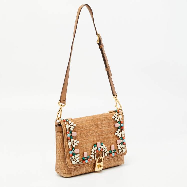 Pre Owned Dolce & Gabbana Brown Raffia and Leather Padlock Crystals Embellished Shoulder Bag