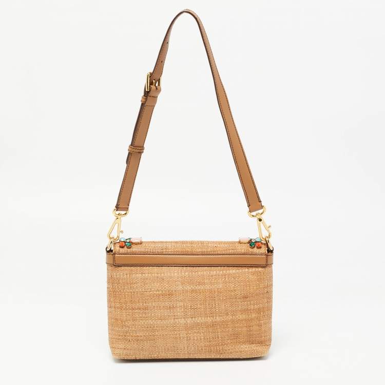 Pre Owned Dolce & Gabbana Brown Raffia and Leather Padlock Crystals Embellished Shoulder Bag