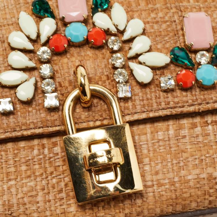 Pre Owned Dolce & Gabbana Brown Raffia and Leather Padlock Crystals Embellished Shoulder Bag