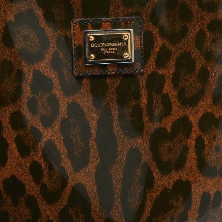 Pre Owned Dolce & Gabbana Brown/Black Leopard Print Patent Leather Miss Escape Tote