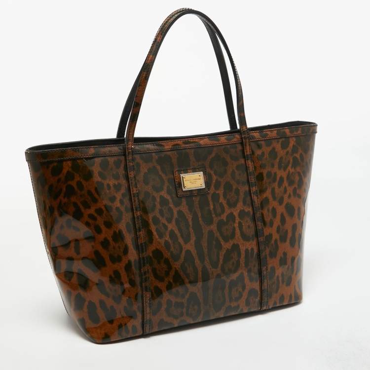 Pre Owned Dolce & Gabbana Brown/Black Leopard Print Patent Leather Miss Escape Tote