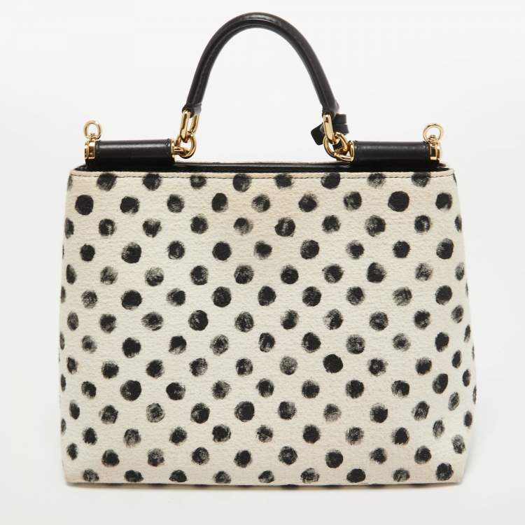 Pre Owned Dolce & Gabbana White/Black Polka Canvas and Leather Sicily Tote