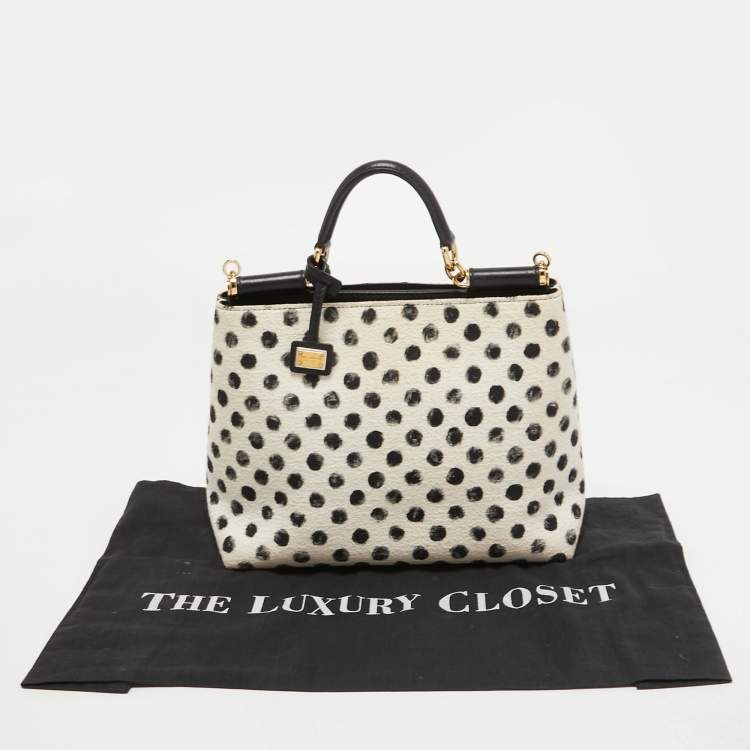 Pre Owned Dolce & Gabbana White/Black Polka Canvas and Leather Sicily Tote