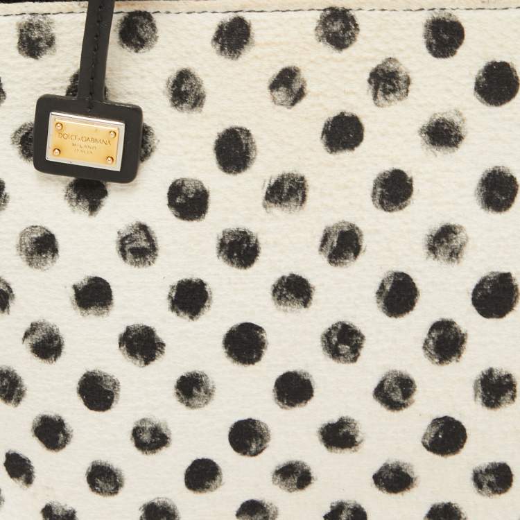 Pre Owned Dolce & Gabbana White/Black Polka Canvas and Leather Sicily Tote
