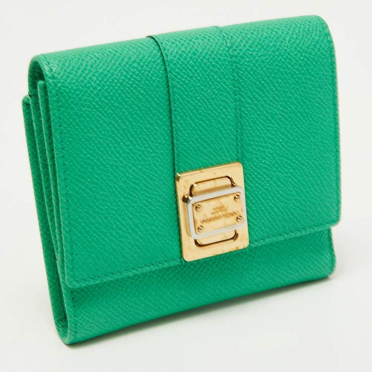 Pre Owned Dolce & Gabbana Green Leather Trifold Compact Wallet
